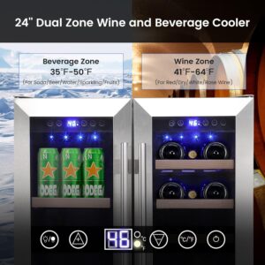 Aprafie 24 inch Built in Wine and Beverage Refrigerator, 55 Cans and 20 Bottles Dual Zone