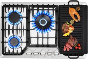 Amzgachfktch Gas Cooktop 30 Inch with Griddle, 5 Italy SABAF Burners Gas Stove Top, Stainless Steel Built-in Gas Hob, NG:LPG